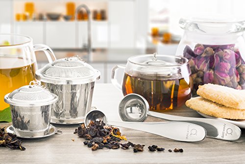 Infusor de Té suelto (Juego de 2) de Apace - con Cuchara de Té y Bandeja de Goteo – Bola infusora, Colador y Filtro de Acero inoxidable ultra fino para una Experiencia de Té o Infusión superior (Plata, Medio)
