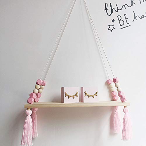 inherited Baldas Flotante de Madera de Estilo Nórdico con Cuentas Oscilante y Borlas Tablero Swing Ornament Decoración de Habitación de Niños o Bebés, Talla única-Rosa(38cm x 14cm x 1cm)