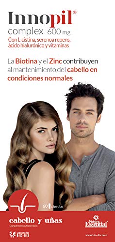 Innopil® complex 600 mg con L-cistina, serenoa repens, ácido hialurónico y vitaminas - 60 cápsulas. Para fortalecer y frenar la caída del cabello y reforzar uñas y piel. (Pack 2 unid.)