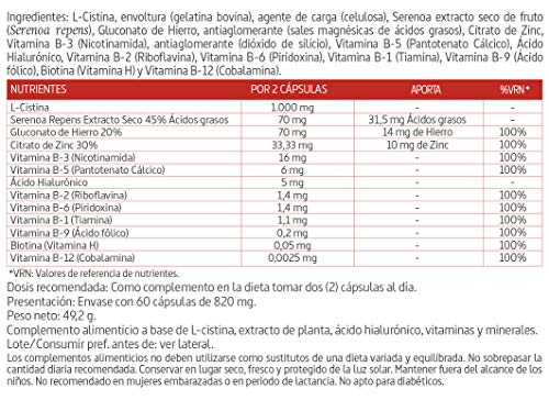 Innopil® complex 600 mg con L-cistina, serenoa repens, ácido hialurónico y vitaminas - 60 cápsulas. Para fortalecer y frenar la caída del cabello y reforzar uñas y piel. (Pack 2 unid.)