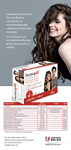 Innopil® complex 600 mg con L-cistina, serenoa repens, ácido hialurónico y vitaminas - 60 cápsulas. Para fortalecer y frenar la caída del cabello y reforzar uñas y piel. (Pack 2 unid.)