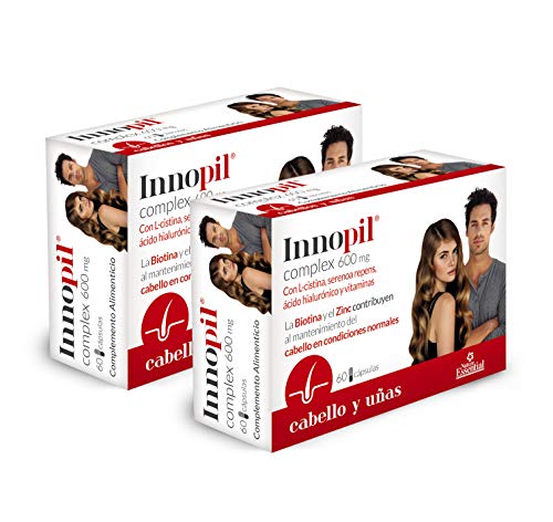 Innopil® complex 600 mg con L-cistina, serenoa repens, ácido hialurónico y vitaminas - 60 cápsulas. Para fortalecer y frenar la caída del cabello y reforzar uñas y piel. (Pack 2 unid.)