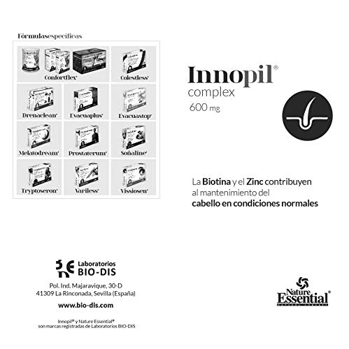 Innopil® complex 600 mg con L-cistina, serenoa repens, ácido hialurónico y vitaminas - 60 cápsulas. Para fortalecer y frenar la caída del cabello y reforzar uñas y piel. (Pack 2 unid.)