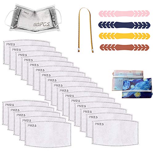 Inserto de filtro de carbón activado PM 2.5 de 60 piezas, papel de filtro protector reemplazable para adultos con 5 capas, filtro + pieza de almacenamiento plegable + gancho ajustable + cordón）