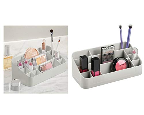 InterDesign Clarity organizador maquillaje con asas | Caja almacenaje con 14 compartimentos para maquillaje y accesorios | Ideal para accesorios de baño | Plástico gris claro