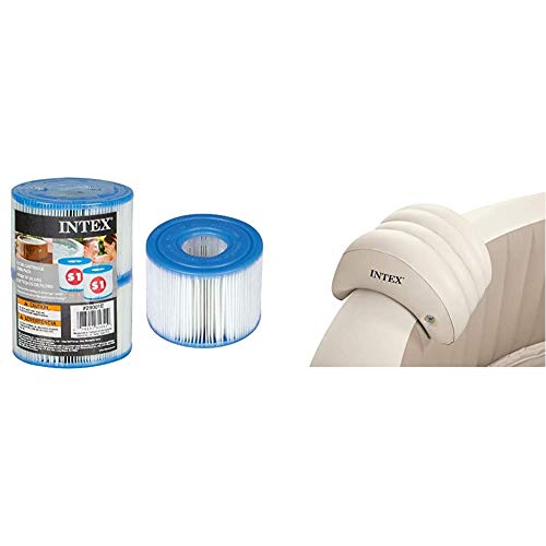 Intex 55000 - Pack de 2 cartuchos SPA tipo S1, altura de 7.5 cm y diámetros de 10.8/4 cm + 28501 - Almohada hinchable para Spa, color Beige, 39 x 30 x 23 cm