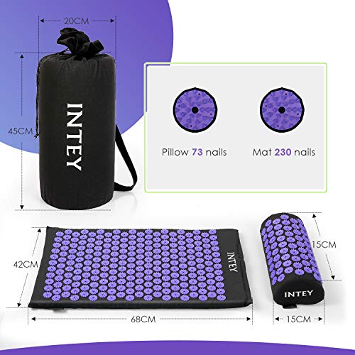 INTEY Esterilla Acupresión Kit de Masaje con Cojín y Esterilla de Masaje alivia el dolor y la presión muscular, para masaje de espalda, cuello y pies Negro (con bolsa de transporte)