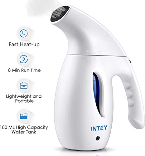 INTEY Plancha Ropa Vapor Vertical, Plancha Vertical Viaje, Plancha de vapor portátil, Calentamiento Rápido y Duración 10min, Eliminación Eficiente para Arrugas, Ideal para Viaje y Hogar - 180ml