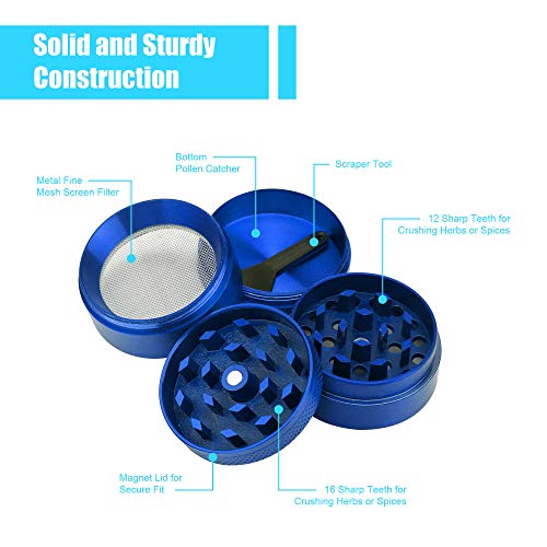 Intirilife Grinder Molinillo en Azul METALICO - Triturador de Cocina de Metal de 4 Piezas para triturar Hierbas, Especias, Tabaco, Plantas, Hojas de té, etc. - con Filtro de Polen y raspador