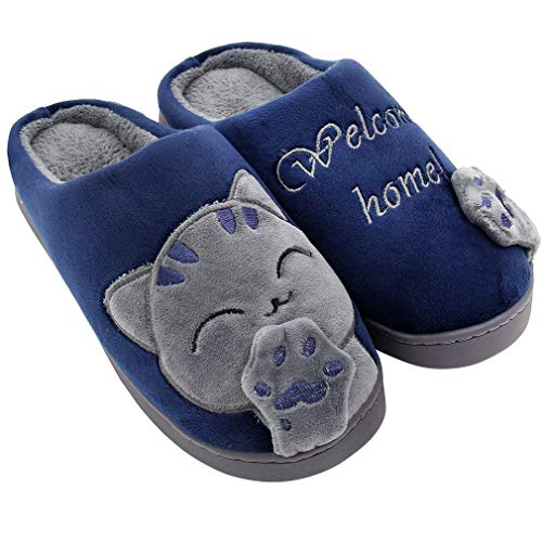 Invierno Cálido Zapatillas de Estar por casa Interior para Mujere Hombre patrón Gatos 42/43 EU (Tamaño de Etiqueta 44/45) Gato-Azul