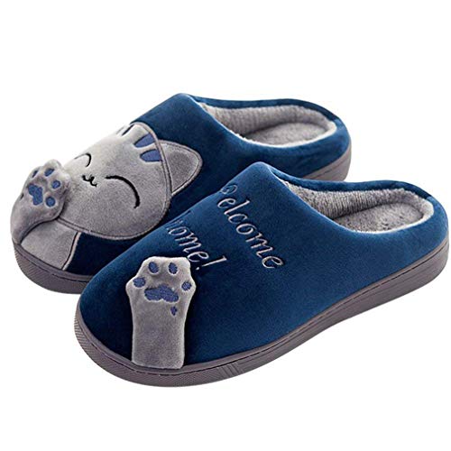 Invierno Cálido Zapatillas de Estar por casa Interior para Mujere Hombre patrón Gatos 42/43 EU (Tamaño de Etiqueta 44/45) Gato-Azul
