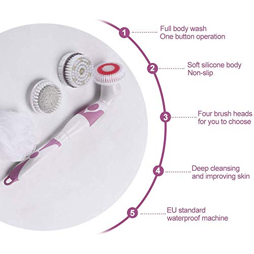 iPawde Cepillo de Masaje eléctrico para SPA Spin Shower Kit de Cepillo de Limpieza Facial y Corporal con Mango Largo y 4 Accesorios (Rojo)