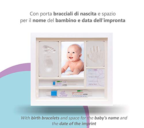 iPiccoli | Marco para huellas de niño y bebé, regalo bautizo y nacimiento, kit completo con Arcilla, porta pulseras de nacimiento