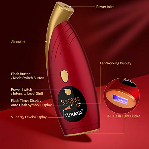 IPL Depiladora de Luz Pulsada, TURATA 999,999 Flashes Disparos de Depilación Permanente para Cuerpo y Cara Dispositivo Láser Profesional sin Dolor para el Hogar para Cuerpo y Cara para Mujer y Hombre