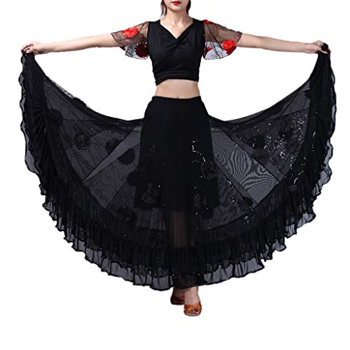 IPOTCH Falda Larga de Mujer Cintura Alata Elástica con Flores Bordadas Lentejuelas Traje para Baile Fiesta Cóctel - Negro, como se describe
