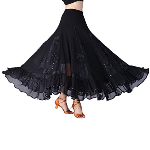 IPOTCH Falda Larga de Mujer Cintura Alata Elástica con Flores Bordadas Lentejuelas Traje para Baile Fiesta Cóctel - Negro, como se describe
