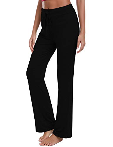Irevial Pantalones de Yoga para Mujer Modal,100% Algodon,Alta Cintura Elásticos pantalón de Campana con cordón, Casuales Chandal Deportivo Verano,para Pilates Jogger Fitness，Negro