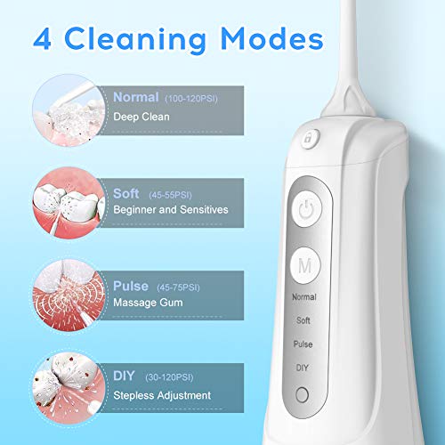 Irrigador Bucal Portátil - Carejet Irrigador Dental de 300ml con 4 modos incluyen el modo DIY, 4 Boquillas Multifuncionales IPX7 USB Recargable, Función de memoria, Viaje y el Uso diario
