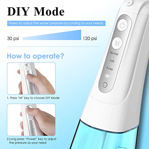 Irrigador Bucal Portátil - Carejet Irrigador Dental de 300ml con 4 modos incluyen el modo DIY, 4 Boquillas Multifuncionales IPX7 USB Recargable, Función de memoria, Viaje y el Uso diario