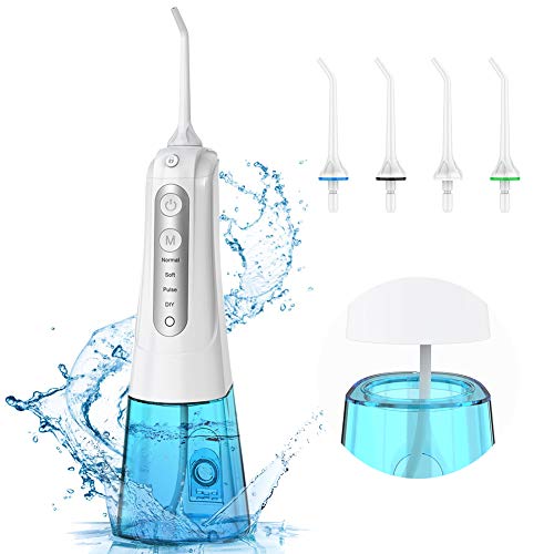 Irrigador Bucal Portátil - Carejet Irrigador Dental de 300ml con 4 modos incluyen el modo DIY, 4 Boquillas Multifuncionales IPX7 USB Recargable, Función de memoria, Viaje y el Uso diario