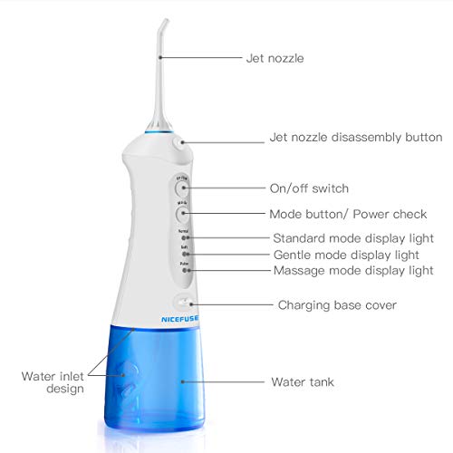 Irrigador Dental Profesional Portátil 300ml, Irrigador Bucal Recargable Impermeable IPX7 y 3 Modos Irrigador Dental de Viaje 4 Recambios Accesorios de Irrigadores Dentales Nicefuse Water Flosser