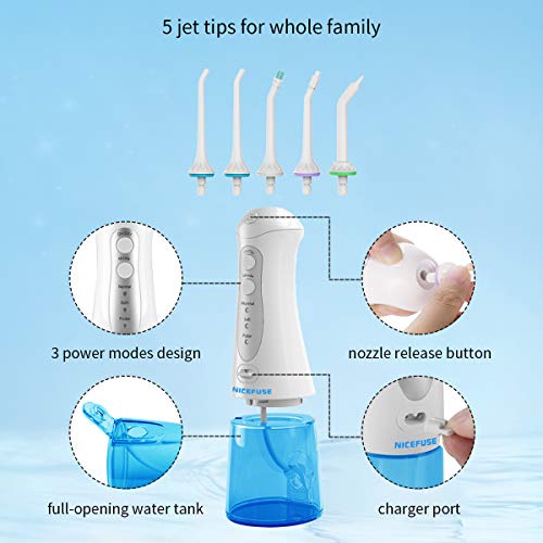 Irrigador Dental Profesional Portátil 300ml, Irrigador Bucal Recargable Impermeable IPX7 y 3 Modos Irrigador Dental de Viaje 4 Recambios Accesorios de Irrigadores Dentales Nicefuse Water Flosser