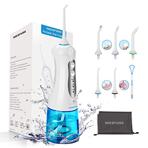 Irrigador Dental Profesional Portátil 300ml, Irrigador Bucal Recargable Impermeable IPX7 y 3 Modos Irrigador Dental de Viaje 4 Recambios Accesorios de Irrigadores Dentales Nicefuse Water Flosser