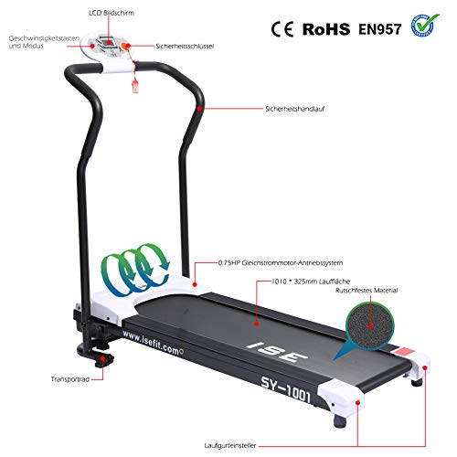 ISE SY-1001 - Cinta de Correr eléctrica Plegable, motorizada, 10 km/h, Motor DC 750 W, Sistema de conducción, silencioso, Ideal para hogar/oficinas.