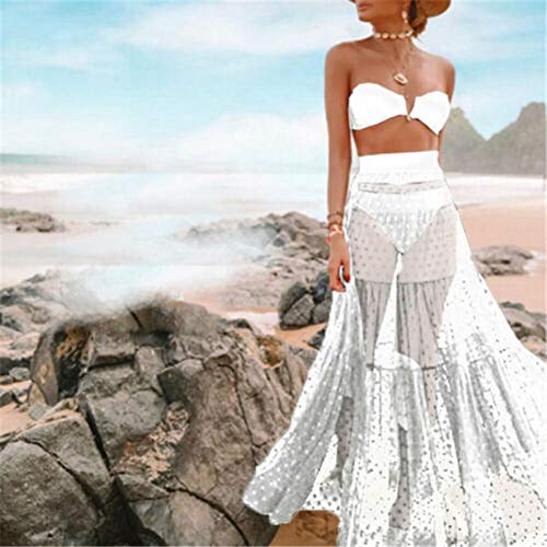 ISKER Traje de baño Sólido Blanco Negro Falda de Encaje Larga Mujer Playa de Verano Falda Look Retro Faldas Plisadas de Tul para Las Mujeres Mujer Falda Maxi Cubierta