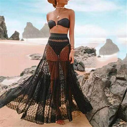 ISKER Traje de baño Sólido Blanco Negro Falda de Encaje Larga Mujer Playa de Verano Falda Look Retro Faldas Plisadas de Tul para Las Mujeres Mujer Falda Maxi Cubierta