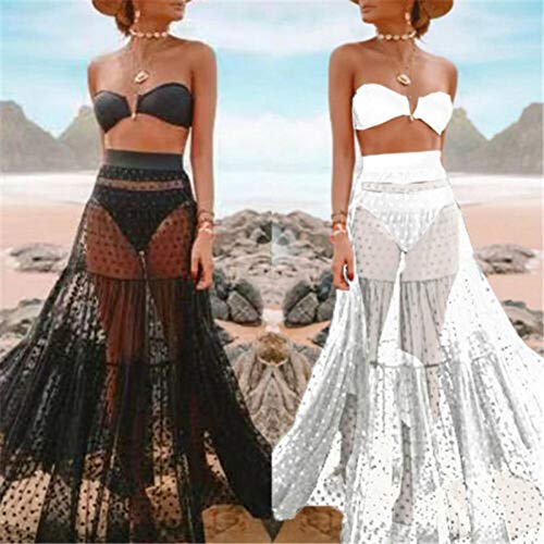 ISKER Traje de baño Sólido Blanco Negro Falda de Encaje Larga Mujer Playa de Verano Falda Look Retro Faldas Plisadas de Tul para Las Mujeres Mujer Falda Maxi Cubierta