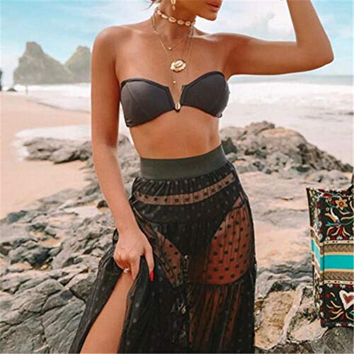 ISKER Traje de baño Sólido Blanco Negro Falda de Encaje Larga Mujer Playa de Verano Falda Look Retro Faldas Plisadas de Tul para Las Mujeres Mujer Falda Maxi Cubierta