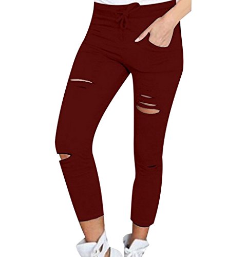 ISSHE Pantalones Rotos Mujer Pantalon Skinny Slim Mujer Jeggings Leggins Push Up Señora Leggings Yoga Polainas Chandal Mallas Fitness Deporte Pantalones Deportivos Elasticos Mujer Vino Rojo S
