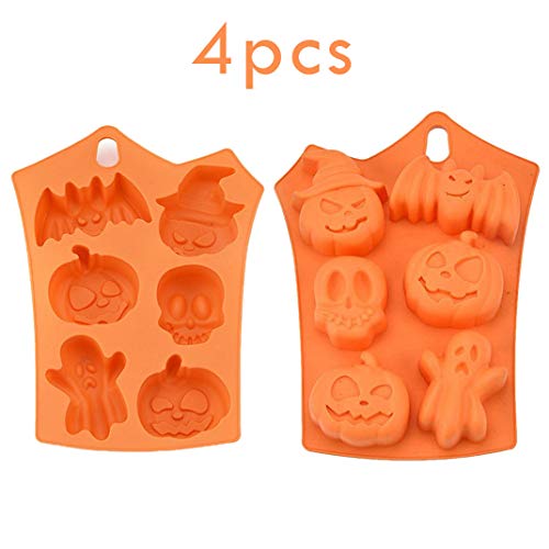 iSuperb 4 Piezas Halloween Molde Silicona Molde Calabaza Murciélago Calavera Fantasma Halloween Molds para Galletas Chocolate Magdalenas Jabones (4 Halloween Molde)