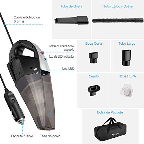 isYoung Aspirador de Coche 12V 6000PA Aspiradora de Mano Portátil Aspirador Potente con Bolsa Uso Seco y Húmedo Fácil y Ligera 120W 600ml Depósito con 2 Filtros Lavables Cepillo y 4.5M Cable