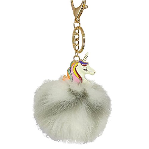 iTemer1 Linda Bola de Pelo Pony Unicornio Llavero Bolso de Dama Colgante Llavero Regalo de Recuerdo Blanco grisáceo