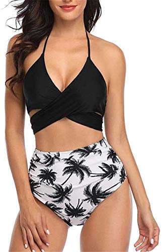 ITVIP - Traje de baño para mujer, dos piezas, diseño de hojas de flores, estampado de bikini con cuello en V S Nero 2