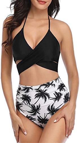 ITVIP - Traje de baño para mujer, dos piezas, diseño de hojas de flores, estampado de bikini con cuello en V S Nero 2