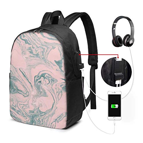 IUBBKI Mochila Escolar USB de mármol Rosa Pastel Verde Suave de Gran Capacidad Mochila de Viaje Informal para Adultos Adolescentes Mujeres Hombres 17 Pulgadas
