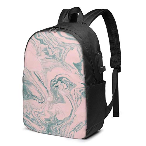 IUBBKI Mochila Escolar USB de mármol Rosa Pastel Verde Suave de Gran Capacidad Mochila de Viaje Informal para Adultos Adolescentes Mujeres Hombres 17 Pulgadas