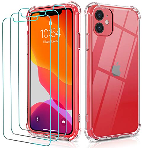 ivoler Funda para iPhone 11 6.1 Pulgadas + [3 Unidades] Cristal Templado Protector de Pantalla, Ultra Fina Silicona Transparente TPU Carcasa Protector Airbag Anti-Choque Anti-arañazos Caso