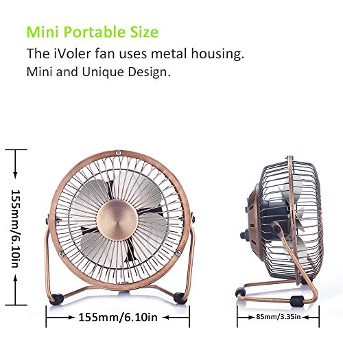 ivoler Mini Ventilador USB Silencioso, Metálico Ventilador de Mesa Potente USB Fan con Ajustable 360 Grados de Rotación para Personal Portátil de Escritorio Hogar Oficina o Viaje, 4 Pulgadas, Cobre