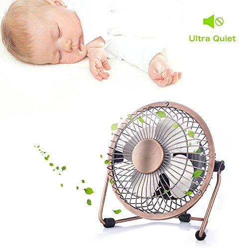 ivoler Mini Ventilador USB Silencioso, Metálico Ventilador de Mesa Potente USB Fan con Ajustable 360 Grados de Rotación para Personal Portátil de Escritorio Hogar Oficina o Viaje, 4 Pulgadas, Cobre