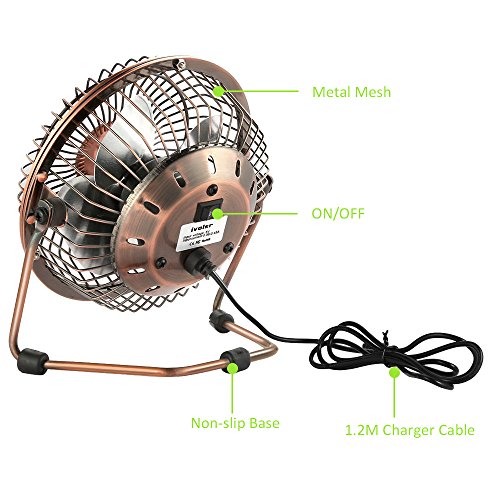 ivoler Mini Ventilador USB Silencioso, Metálico Ventilador de Mesa Potente USB Fan con Ajustable 360 Grados de Rotación para Personal Portátil de Escritorio Hogar Oficina o Viaje, 4 Pulgadas, Cobre