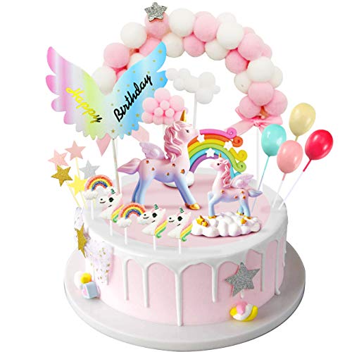 iZoeL Unicornio Decoración de Tartas Cumpleaños Happy Birthday Banderines Globos Arcoiris Cake Topper Decorar Tartas Infantiles Niñas