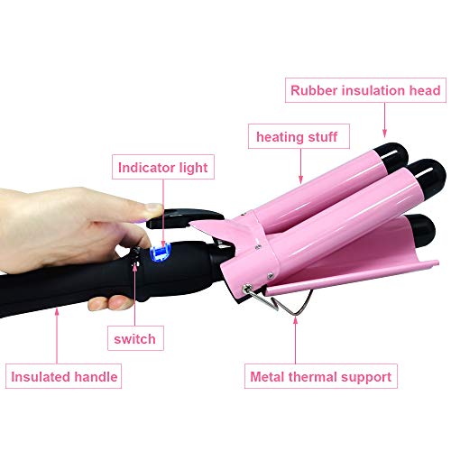 J TOHLO 3 Barrel Hair Waver Iron, rizador de cerámica de turmalina, Calentamiento rápido y no daña el cabello, Con guantes de peluquería y Horquilla exquisita (pink-1)