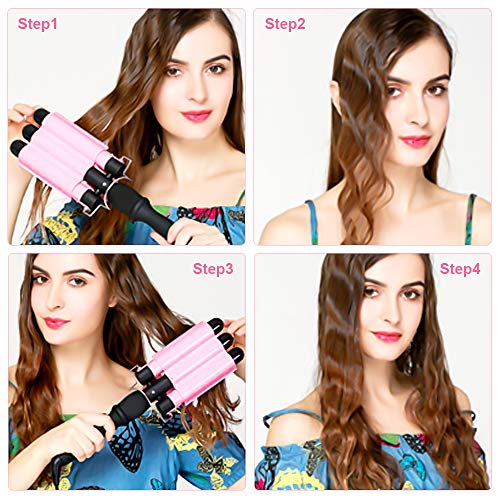 J TOHLO 3 Barrel Hair Waver Iron, rizador de cerámica de turmalina, Calentamiento rápido y no daña el cabello, Con guantes de peluquería y Horquilla exquisita (pink-1)