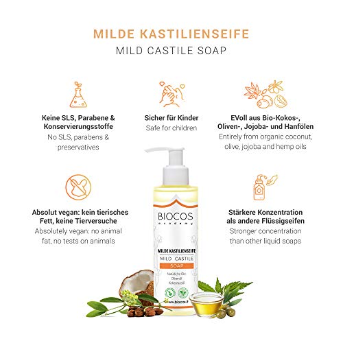 Jabón de Castilla líquido suave orgánico - Jabón de Castilla sin perfume/Jabón - 100% natural, vegano, sin SLS - Frascos con bomba/Frascos dispensadores de jabón, 150 ml