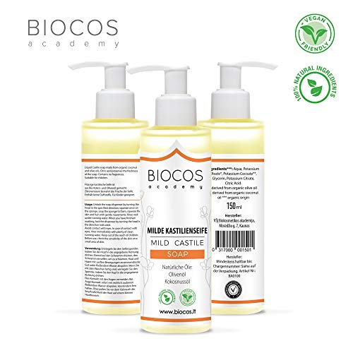 Jabón de Castilla líquido suave orgánico - Jabón de Castilla sin perfume/Jabón - 100% natural, vegano, sin SLS - Frascos con bomba/Frascos dispensadores de jabón, 150 ml