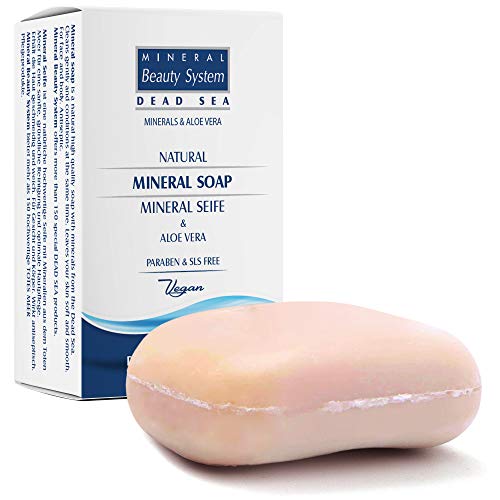 Jabón mineral del mar Muerto con aloe vera, 125 g, de Israel by Mineral Beauty System – Jabón de sal para el acné y la cara, vegano y limpieza profunda